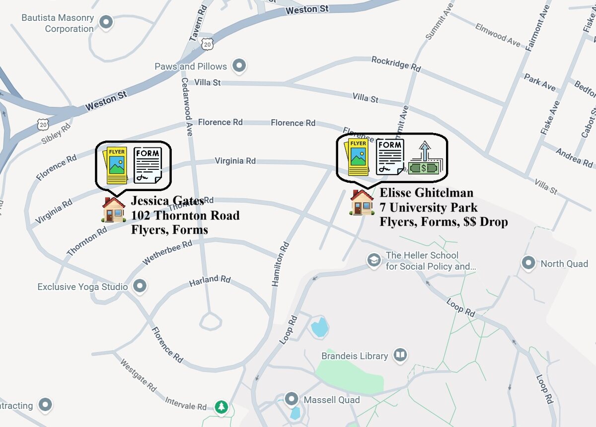 Map of the Cedarwood neighborhood in Waltham showing two drop-off houses: Jessica Gates at 102 Thornton Road for flyers and forms, and Elisse Ghitelman at 7 University Park for flyers, forms, and money drops.